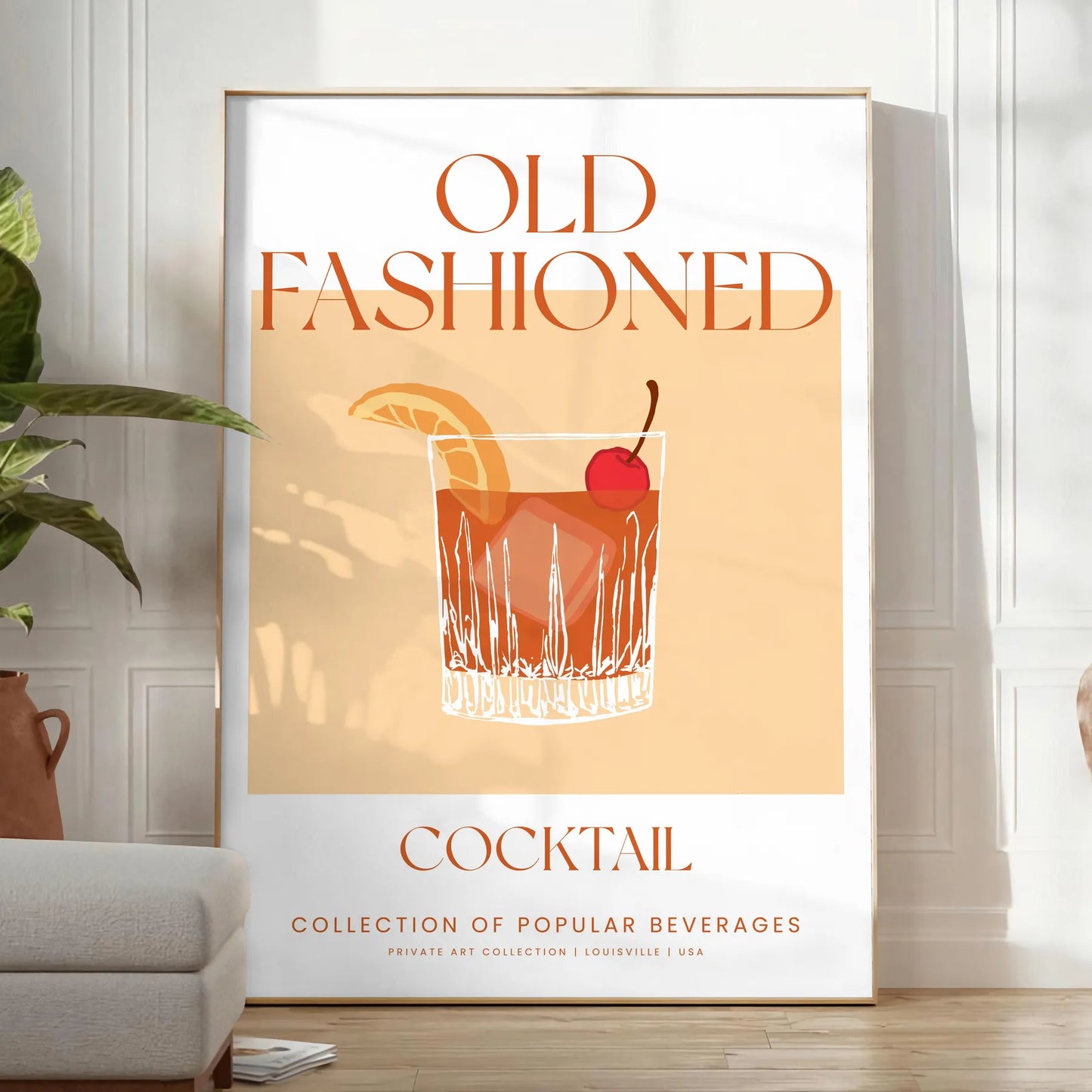 space vibrant Old Fashioned Cocktail Art poster bold orange red hues unique wall stylish gift print essence vintage charm sizes A4 cm A0