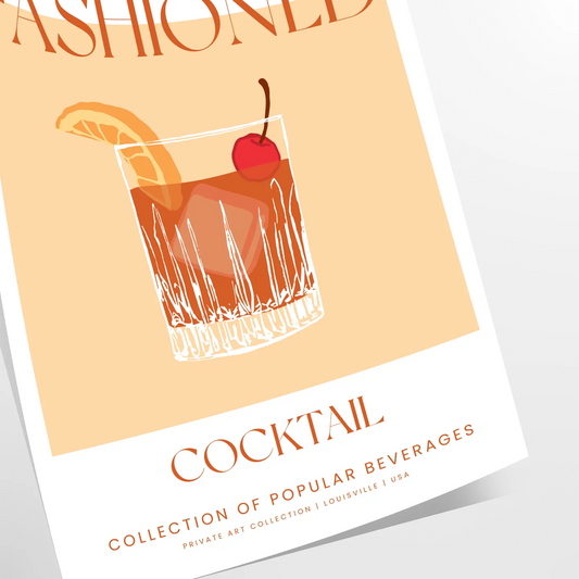 space vibrant Old Fashioned Cocktail Art poster bold orange red hues unique wall stylish gift print essence vintage charm sizes A4 cm A0