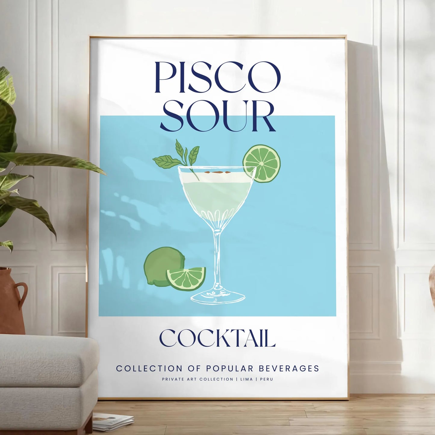 space vibrant Pisco Sour Cocktail poster refreshing green blue hues wall art enthusiasts artwork ideal gift sizes A4 cm A0