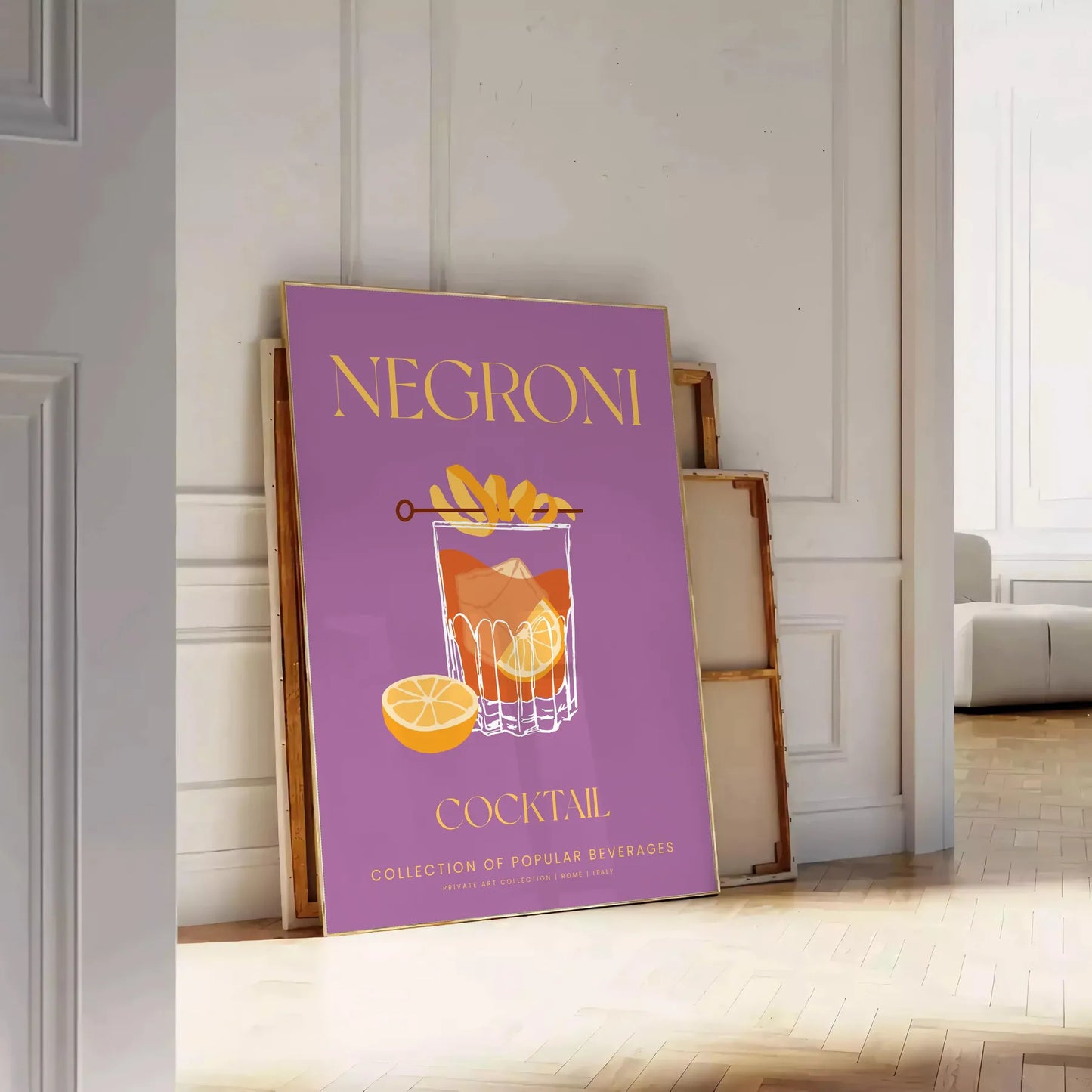 space vibrant Negroni cocktail poster stunning yellow orange hues wall art lover unique gift idea variety sizes A4 cm A0