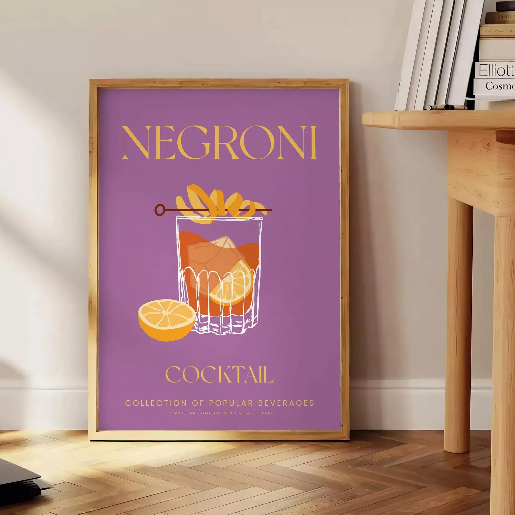 space vibrant Negroni cocktail poster stunning yellow orange hues wall art lover unique gift idea variety sizes A4 cm A0