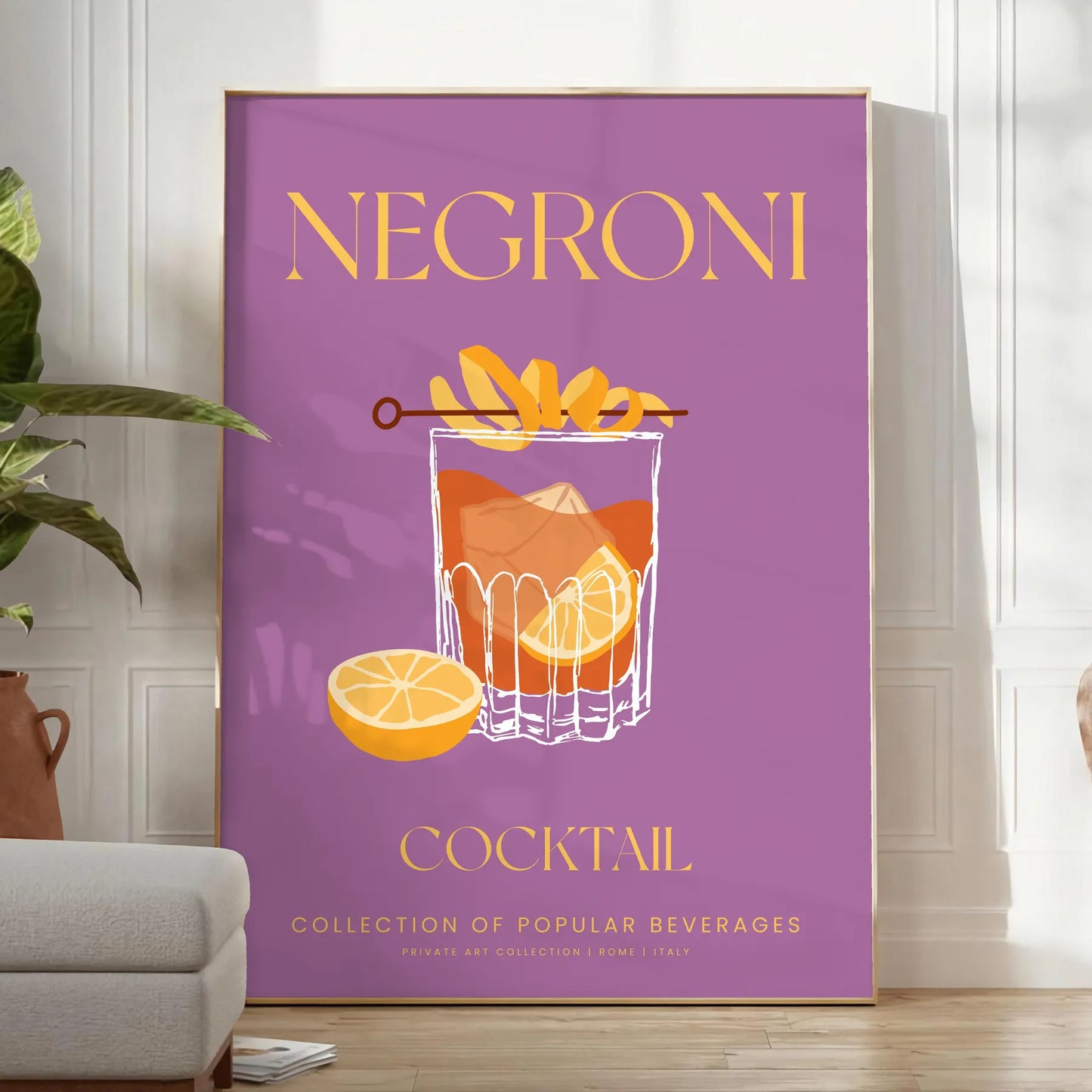 space vibrant Negroni cocktail poster stunning yellow orange hues wall art lover unique gift idea variety sizes A4 cm A0