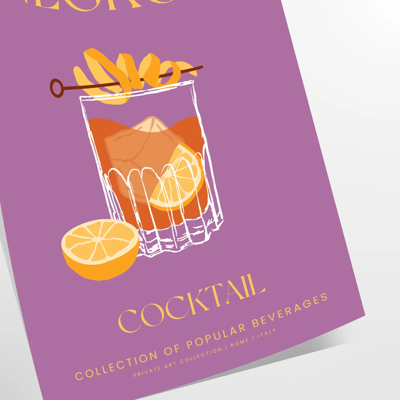space vibrant Negroni cocktail poster stunning yellow orange hues wall art lover unique gift idea variety sizes A4 cm A0