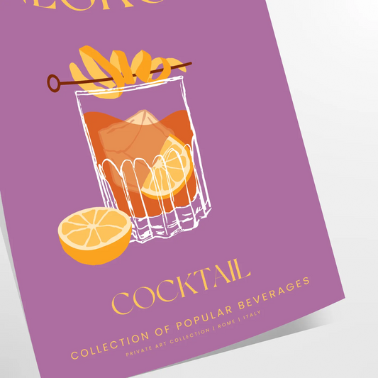 space vibrant Negroni cocktail poster stunning yellow orange hues wall art lover unique gift idea variety sizes A4 cm A0