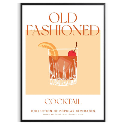 space vibrant Old Fashioned Cocktail Art poster bold orange red hues unique wall stylish gift print essence vintage charm sizes A4 cm A0