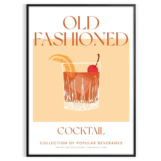 space vibrant Old Fashioned Cocktail Art poster bold orange red hues unique wall stylish gift print essence vintage charm sizes A4 cm A0