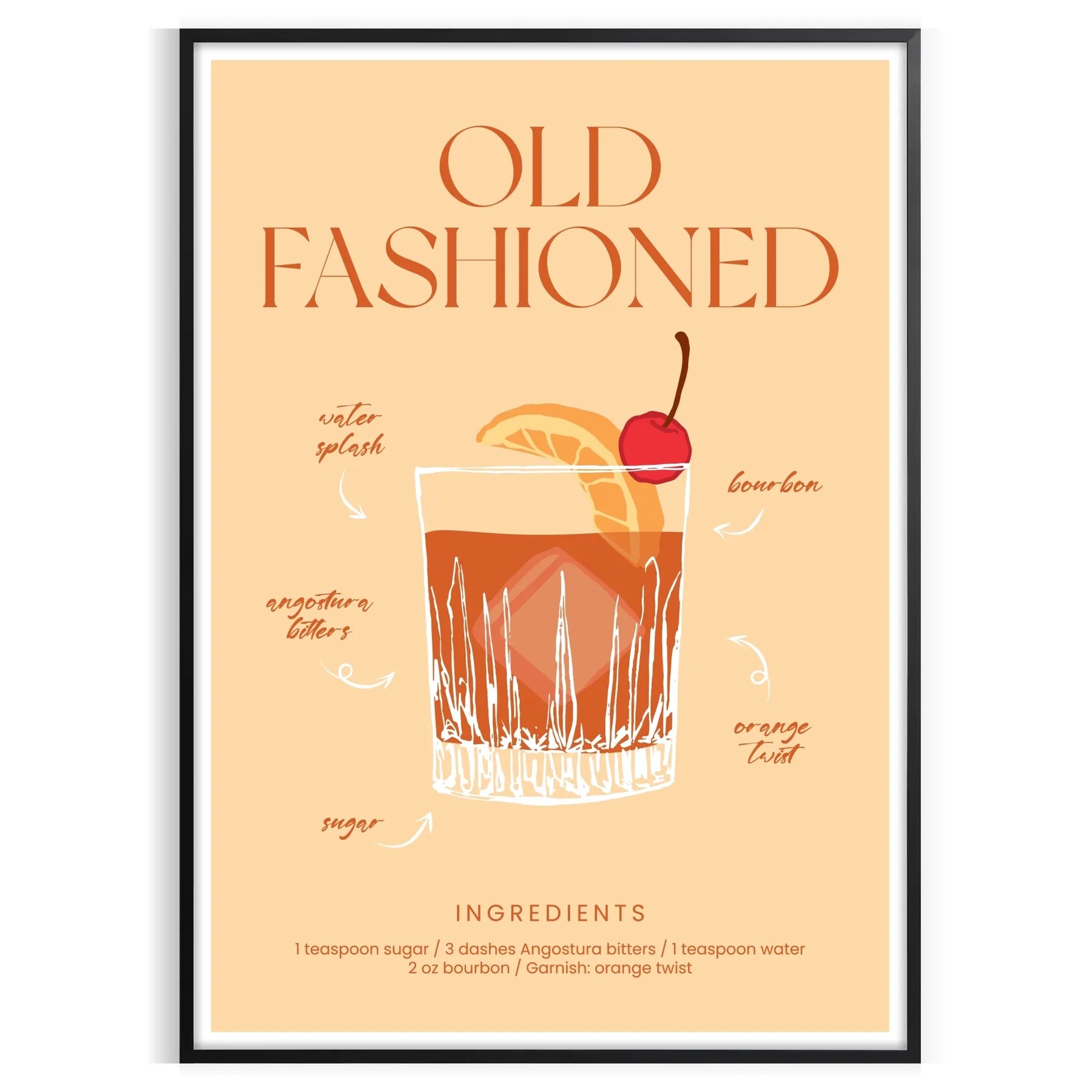 space vibrant Old Fashioned cocktail poster orange red hues wall eye addition décor gift personal enjoyment interior style stunning artwork frame