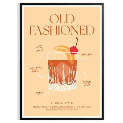 space vibrant Old Fashioned cocktail poster orange red hues wall eye addition décor gift personal enjoyment interior style stunning artwork frame