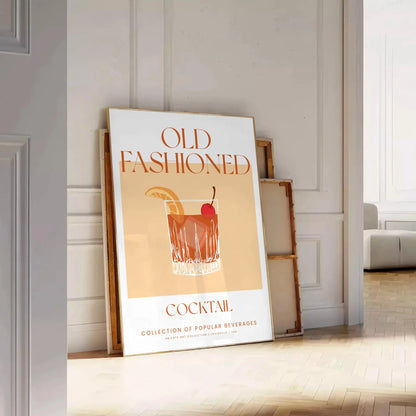 space vibrant Old Fashioned Cocktail Art poster bold orange red hues unique wall stylish gift print essence vintage charm sizes A4 cm A0