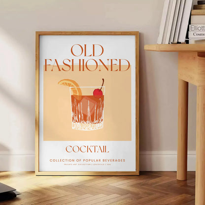 space vibrant Old Fashioned Cocktail Art poster bold orange red hues unique wall stylish gift print essence vintage charm sizes A4 cm A0
