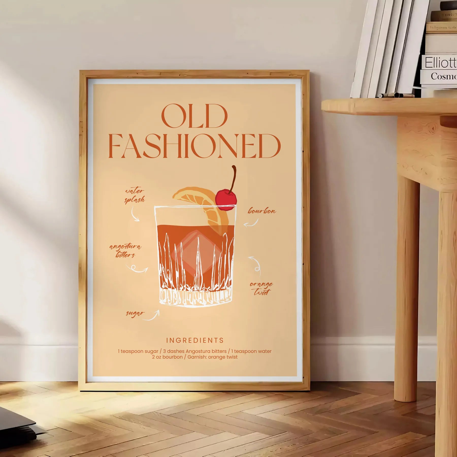 space vibrant Old Fashioned cocktail poster orange red hues wall eye addition décor gift personal enjoyment interior style stunning artwork frame