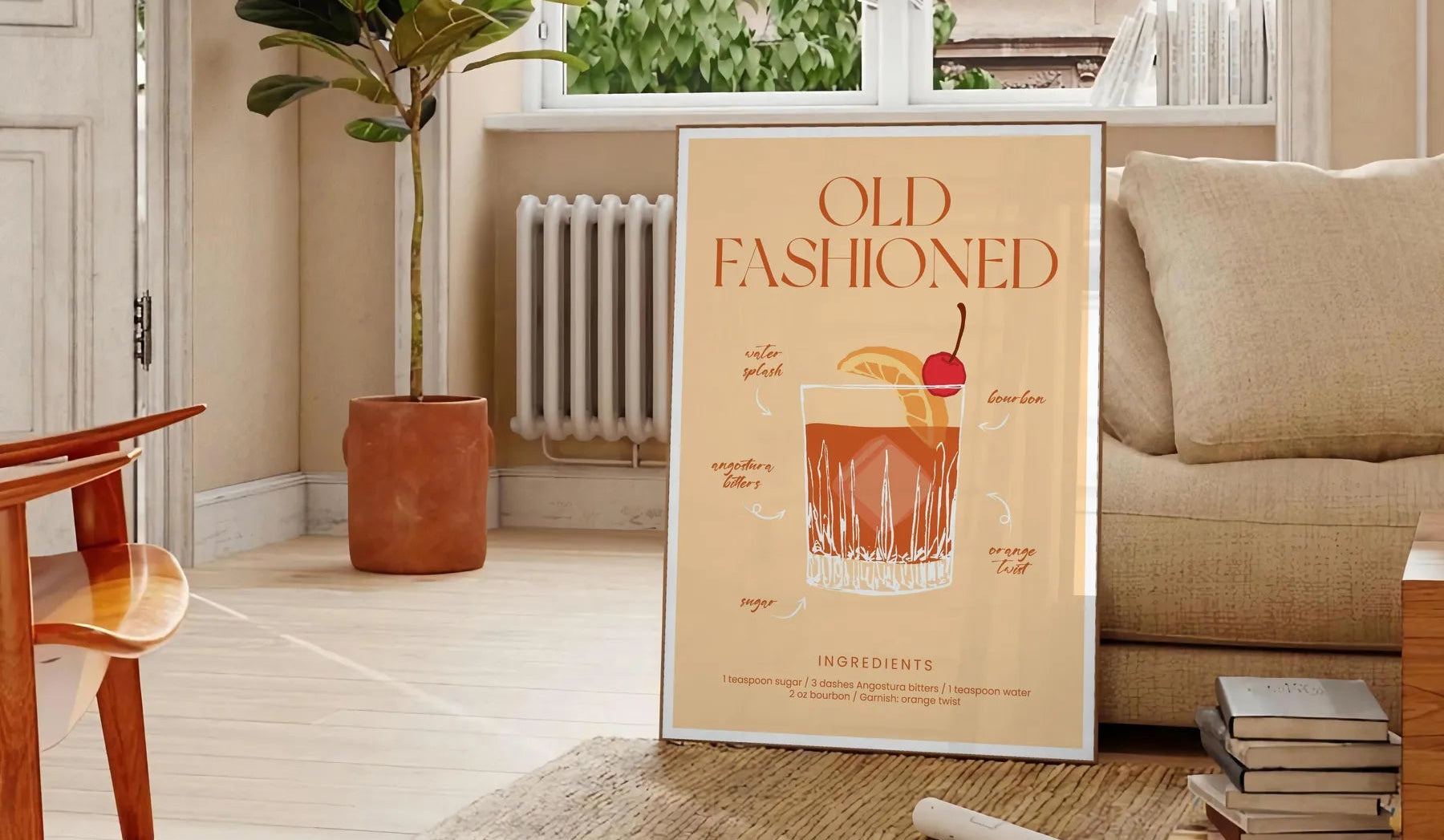 space vibrant Old Fashioned cocktail poster orange red hues wall eye addition décor gift personal enjoyment interior style stunning artwork frame