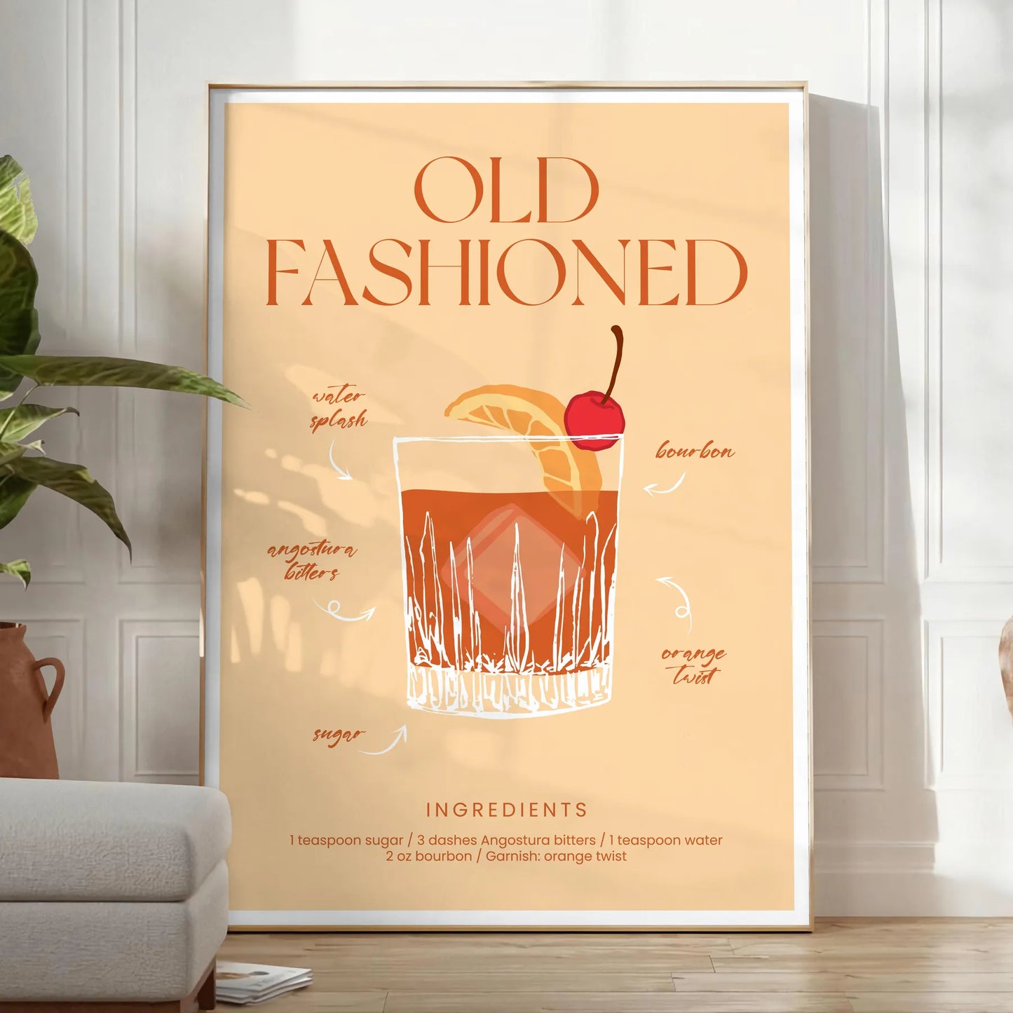 space vibrant Old Fashioned cocktail poster orange red hues wall eye addition décor gift personal enjoyment interior style stunning artwork frame