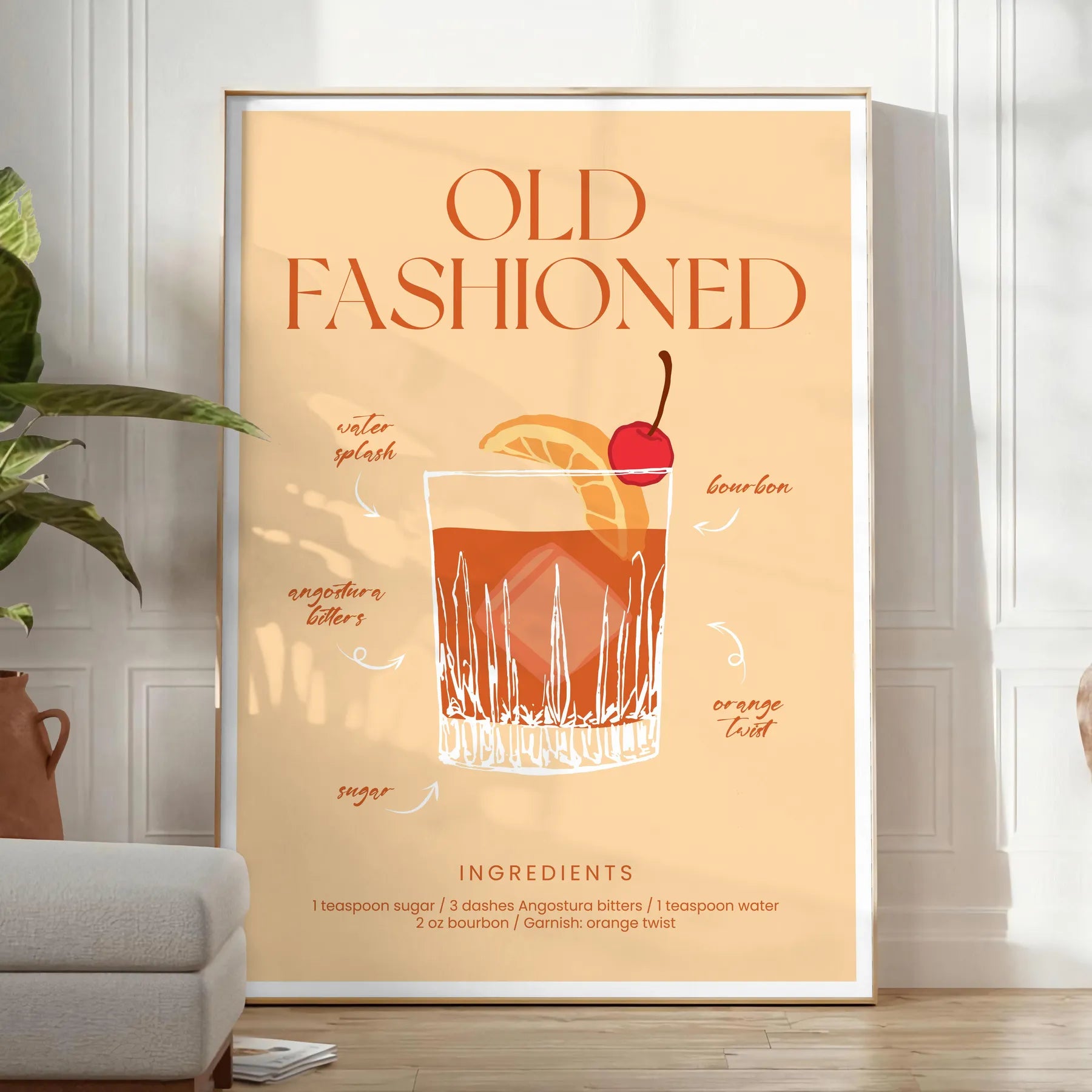 space vibrant Old Fashioned cocktail poster orange red hues wall eye addition décor gift personal enjoyment interior style stunning artwork frame
