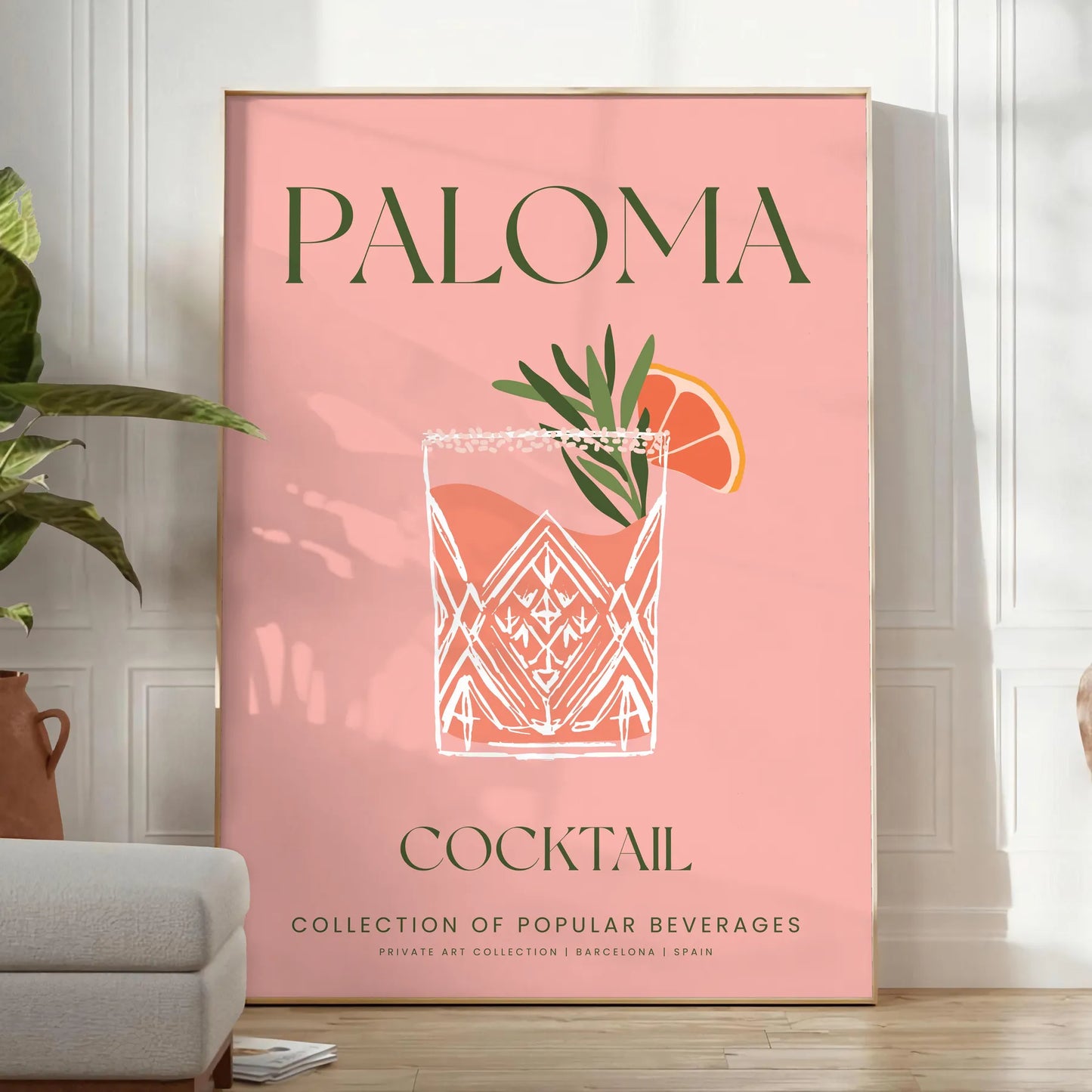 space stunning Paloma Cocktail art poster earthy brown vibrant green hues unique wall thoughtful gift captivating print touch elegance decor unframed options