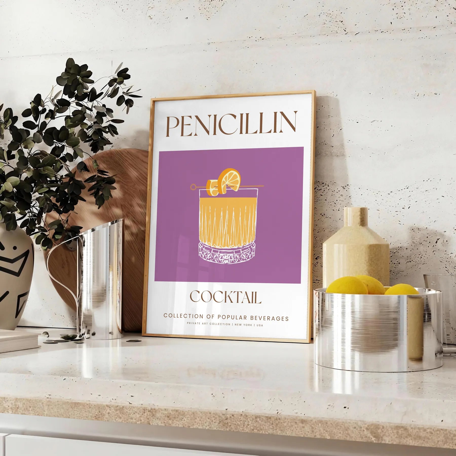 unique Penicillin Cocktail Art poster modern creativity chic gray vibrant orange palette wall lovers artwork stylish touch space print sizes A4 cm A0