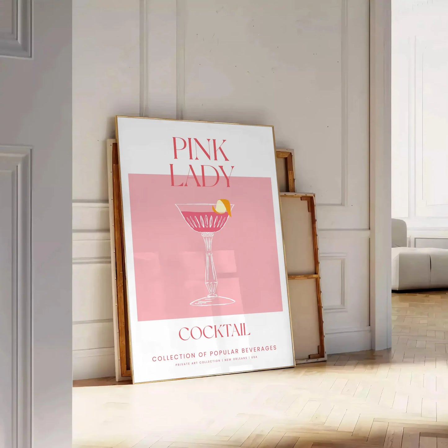 splash sophistication space vibrant Pink Lady Cocktail poster eye blend orange hues stunning wall art perfect print gift enthusiasts options frame