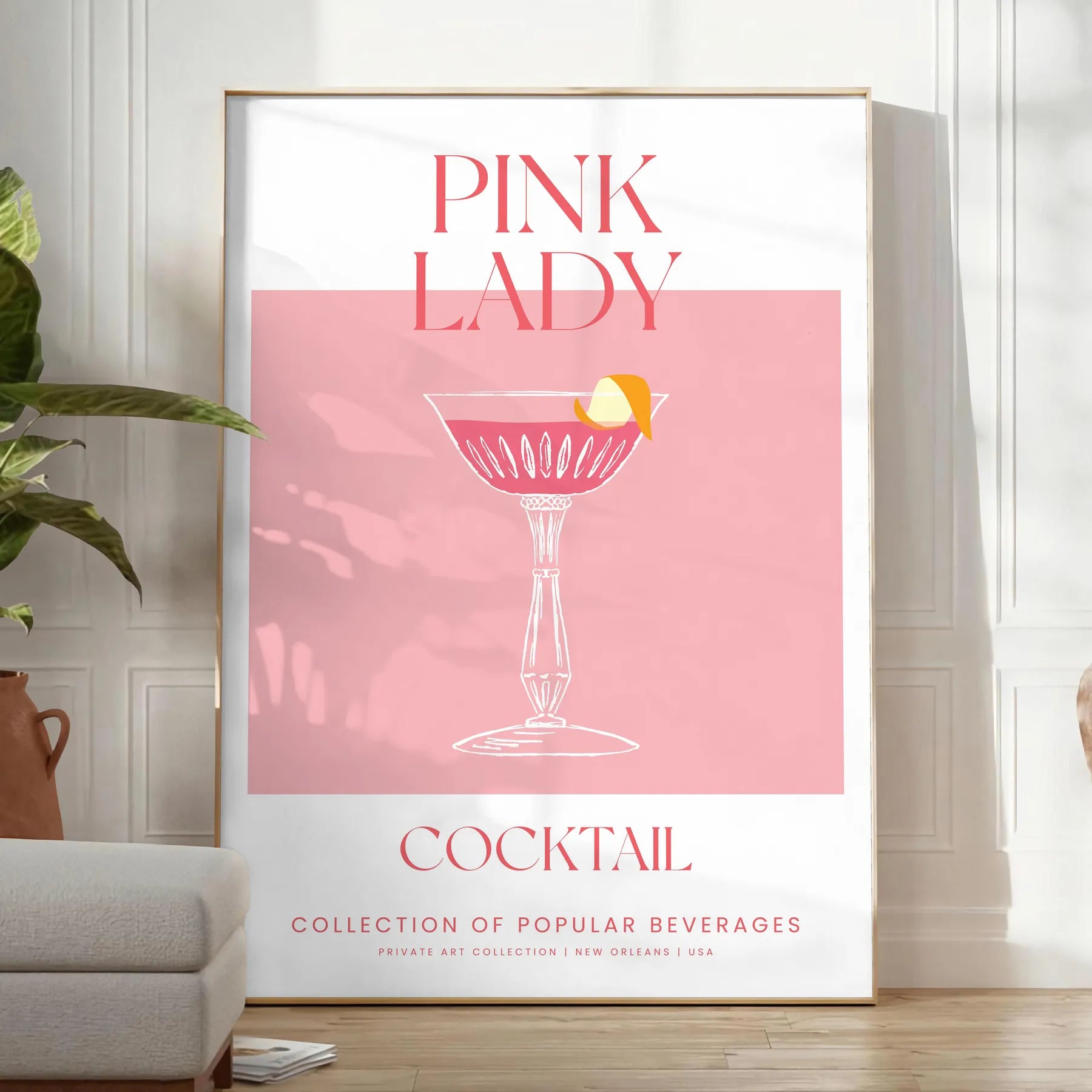 splash sophistication space vibrant Pink Lady Cocktail poster eye blend orange hues stunning wall art perfect print gift enthusiasts options frame