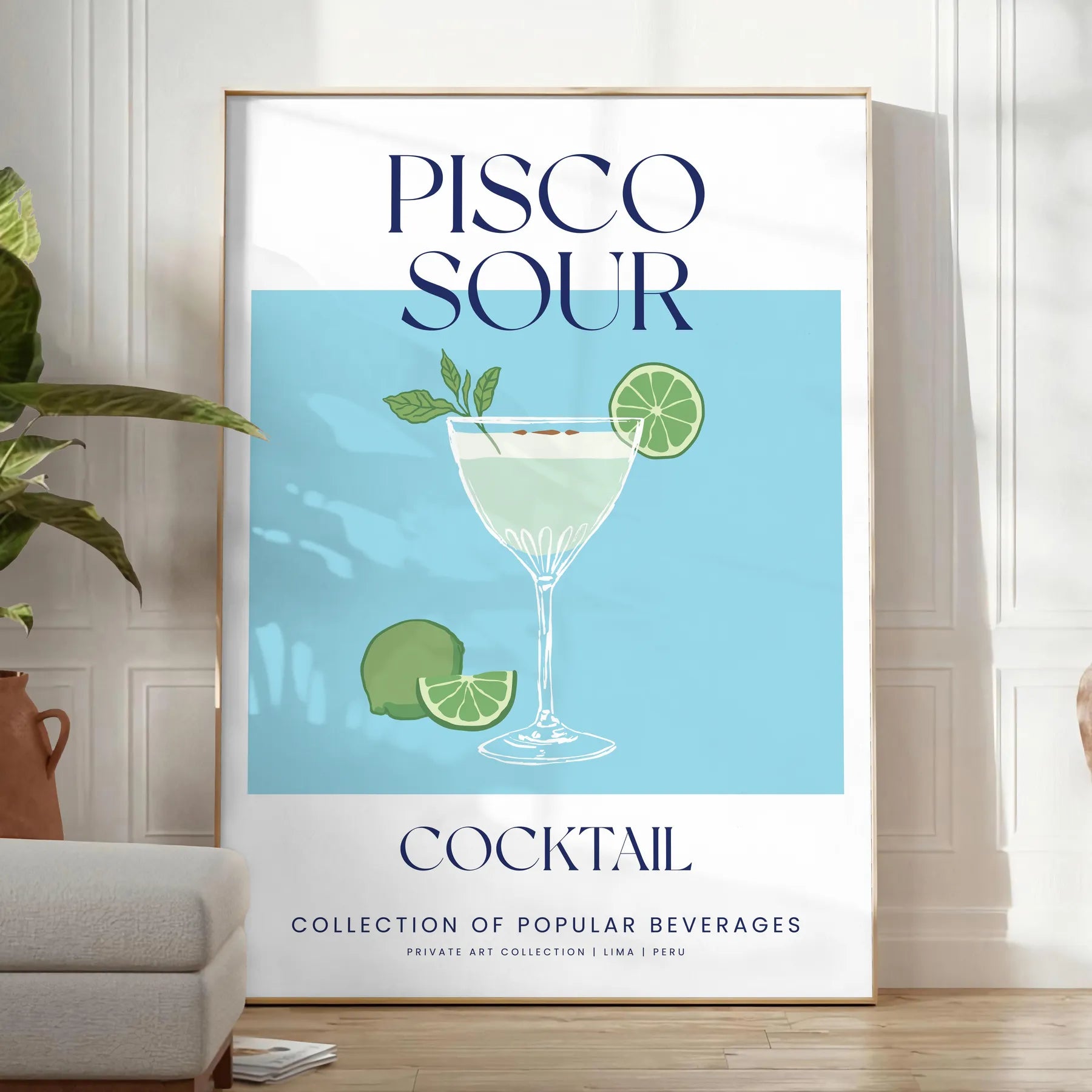 space vibrant Pisco Sour Cocktail poster refreshing green blue hues wall art enthusiasts artwork ideal gift sizes A4 cm A0