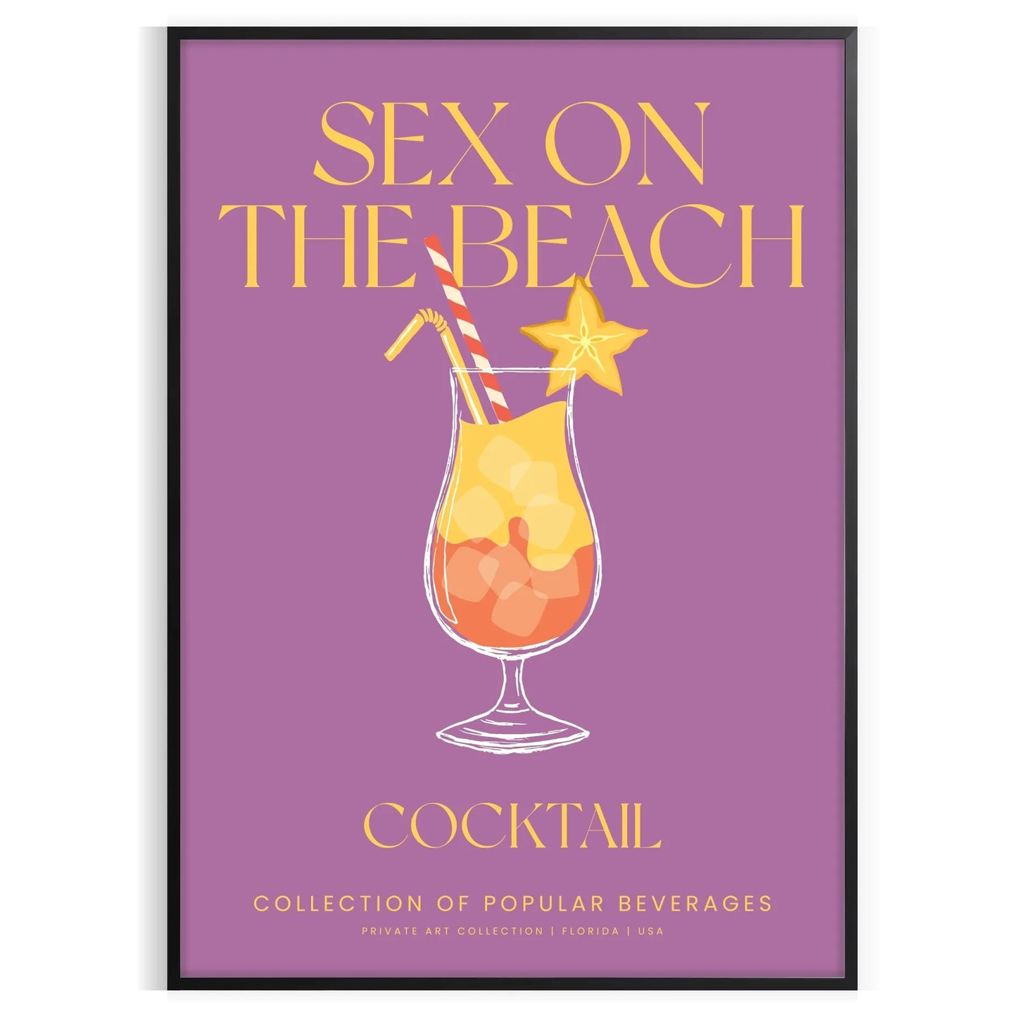 space vibrant Sex Beach cocktail poster burst yellow orange hues stunning wall art perfect gift enthusiasts lovers various dimensions A4 cm A0