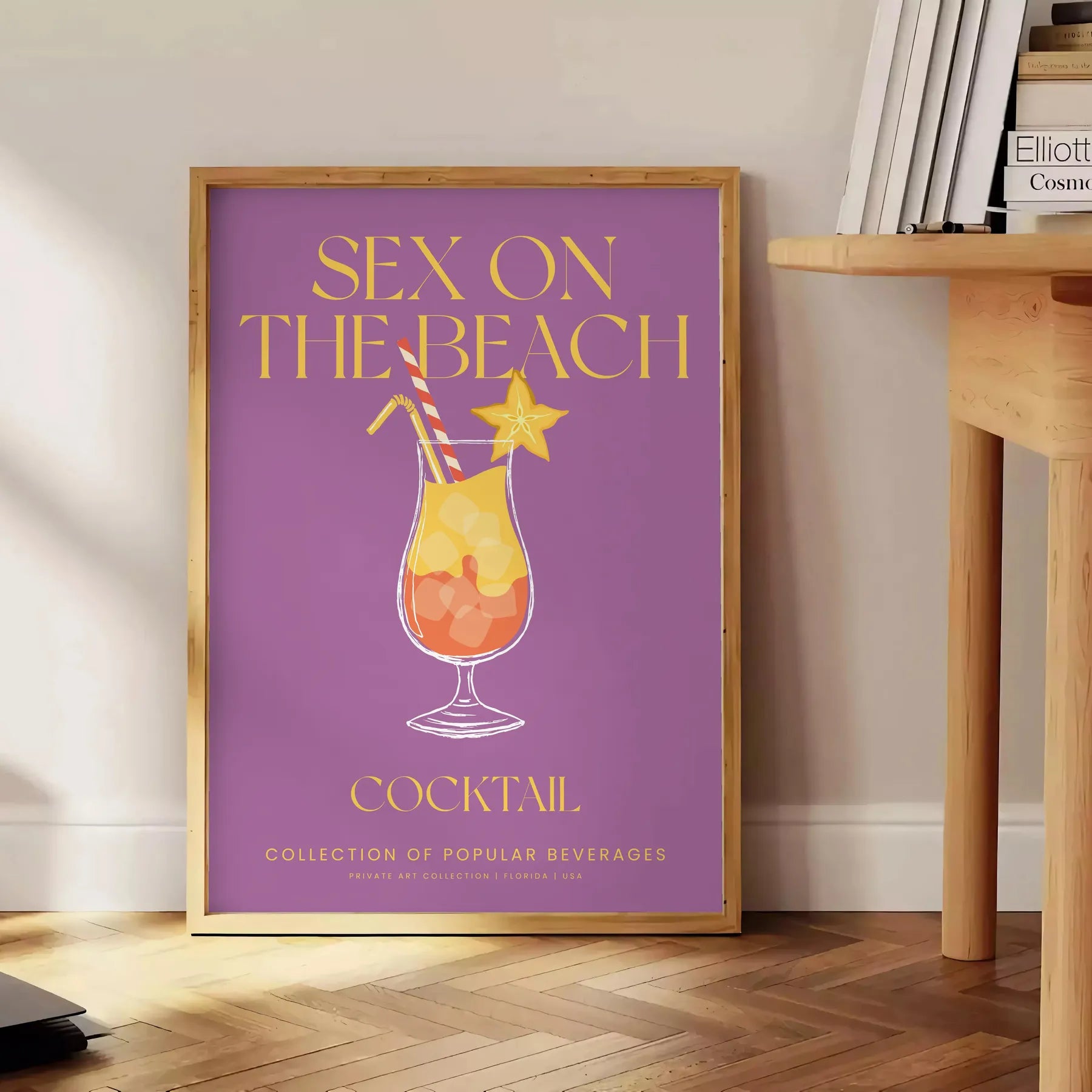 space vibrant Sex Beach cocktail poster burst yellow orange hues stunning wall art perfect gift enthusiasts lovers various dimensions A4 cm A0