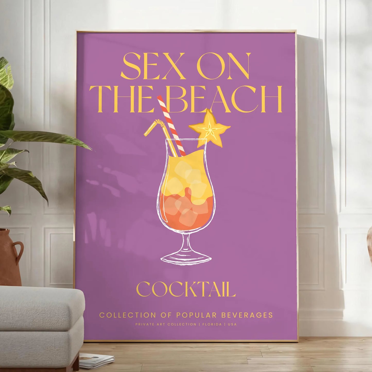 space vibrant Sex Beach cocktail poster burst yellow orange hues stunning wall art perfect gift enthusiasts lovers various dimensions A4 cm A0