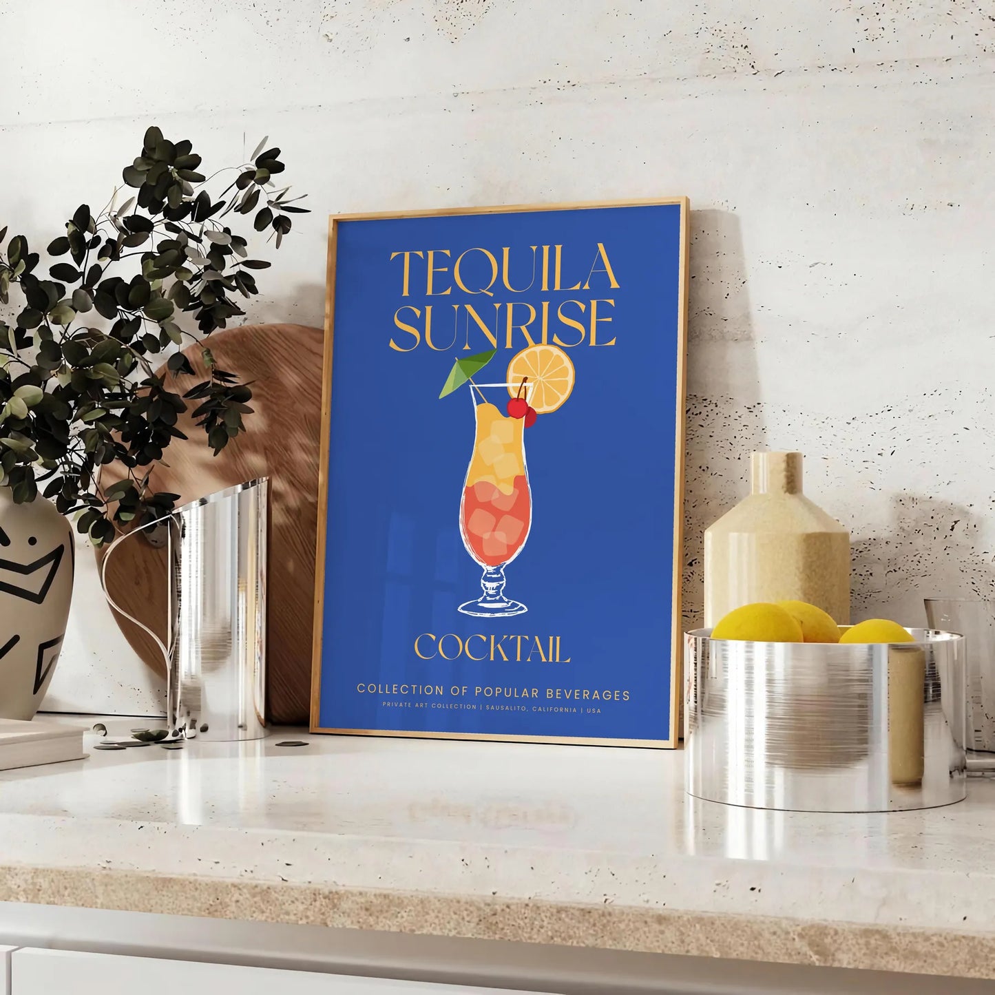 space Tequila Sunrise Cocktail poster vibrant green blue hues wall art thoughtful gift stunning artwork splash color setting personalized touch today