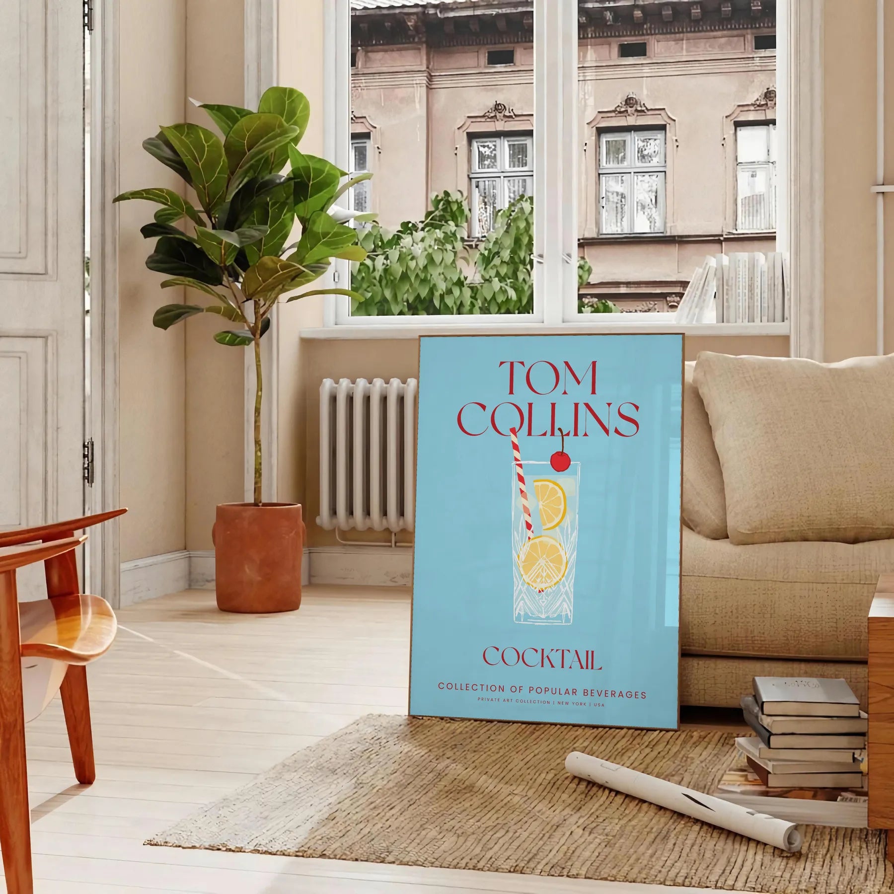 space stunning Tom Collins cocktail poster vibrant yellow blue hues wall art lovers print ideal gift splash creativity room frame