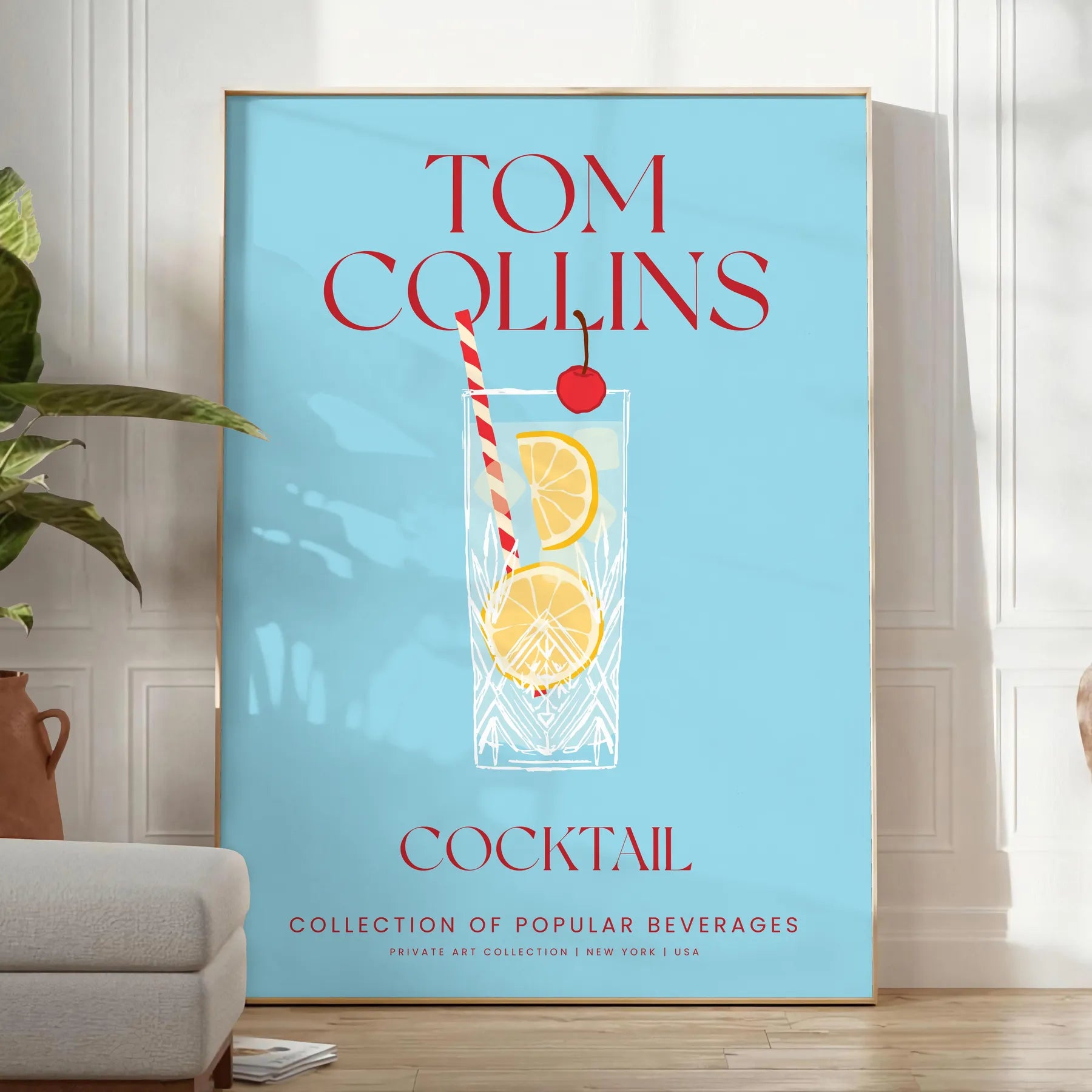 space stunning Tom Collins cocktail poster vibrant yellow blue hues wall art lovers print ideal gift splash creativity room frame