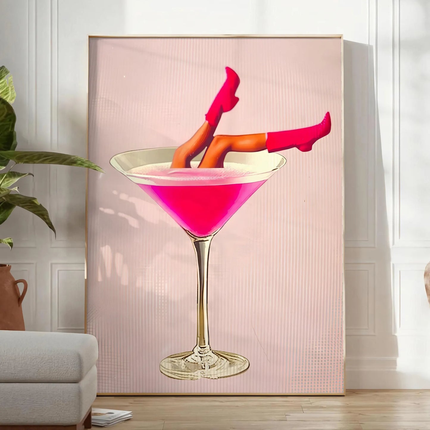 space stunning Woman Cocktail poster vibrant gray orange hues captivating wall art perfect gift elegance modern style room chic print A4 cm A0 dimensions